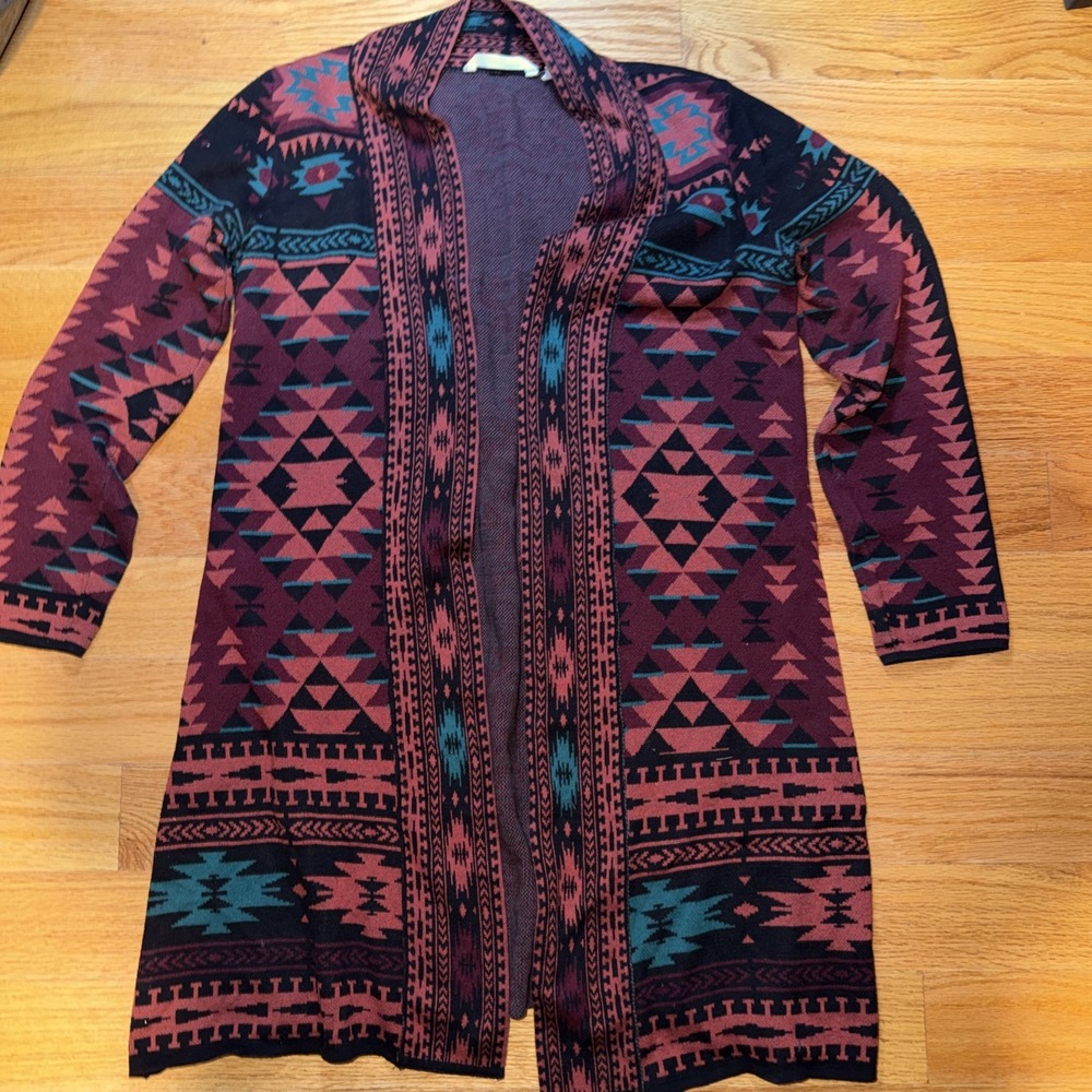 Soft Surroundings Women Cardigan S Multicolor Open Front Tribal Pattern Sweater